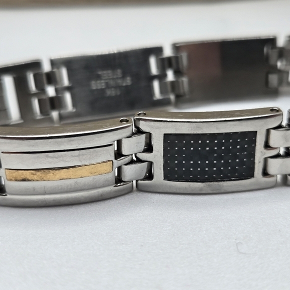 Men Stainless Steel Black Carbon 18K GP Three Tone Link Bracelet Signed Alpine - Picture 10 of 12